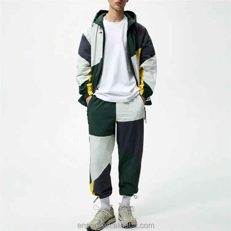 OEM Custom 100% nylon colour block patchwork lightweight technical windbreaker tracksuit for men
