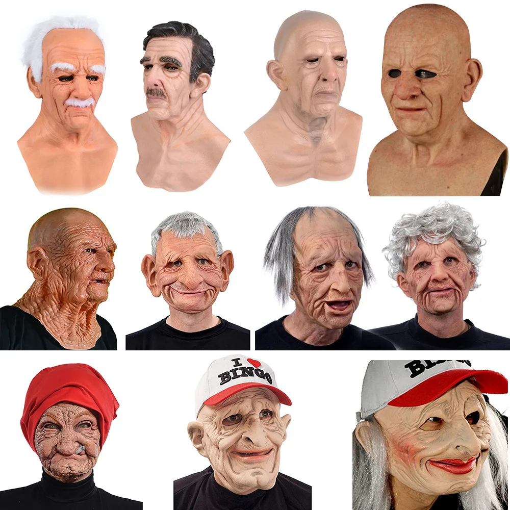 Halloween smoking granny mask realistic latex hood cosplay santa grandpa wig mask