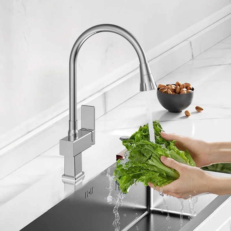 Hot Selling Modern Design Single-Handle Kitchen Sink Faucet Brushed Brass Body Double Outlet Ceramic Valve Core Single-Hole