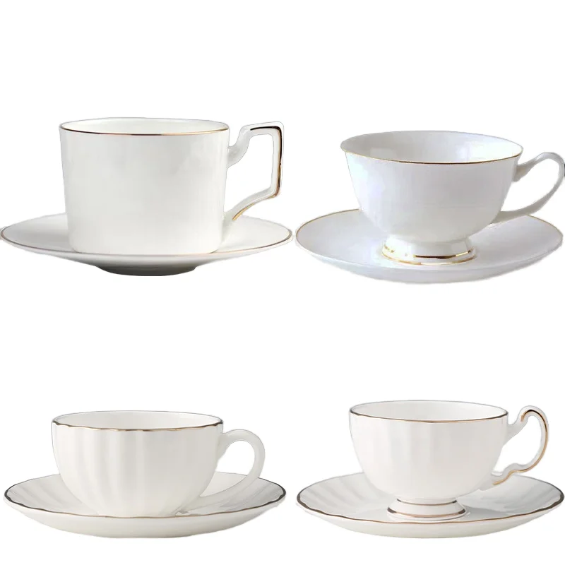 Custom Logo Design European Fine Bone China & Porcelain Coffee Cups Gold Coffee Tea Cup Ceramic Pure White Teacups and Saucers