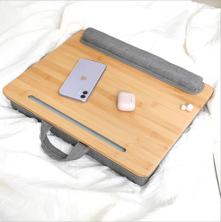 China Factory Wholesale Eco-Friendly bamboo Lap Desk Laptop Lap Tray with Pillow with Mouse Pad Mat Phone Holder