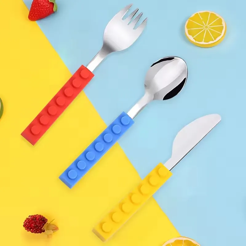 Children Day Gift Building Block Cutlery Set Kids Toddler Spoon And Fork Set With Silicone Handle