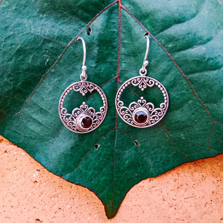 NY-ER011-Round Bali Ornate Earrings With Gemstone