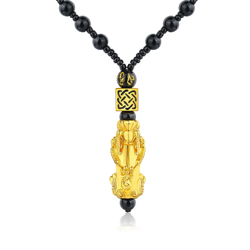 Blues RTS Wholesale High Quality Black Obsidian 24K Gold Plated Pixiu Necklace For Wealth Good Luck Thai Amulet