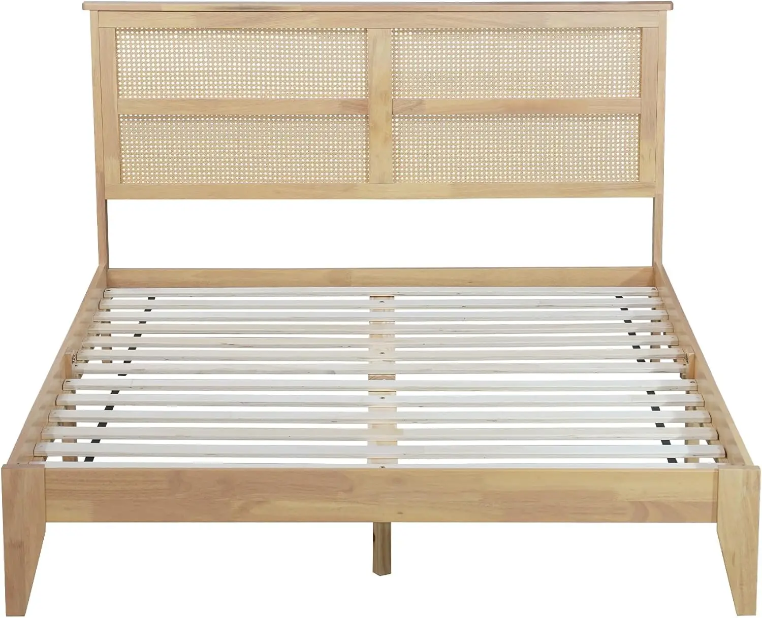 Queen Size Bed Frame with Rattan Headboard, Country Rustic Style Rubber Wood Platform Bed with Slat
