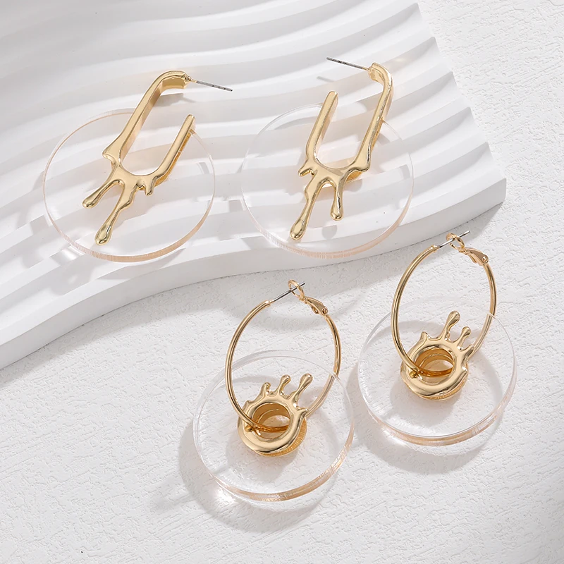Original Unique Design Women Fashion Jewelry Round Clear Resin Disk Hoop Earring With Gold Melting Metal