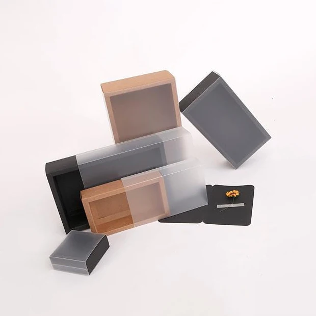 Cheap Wholesale Rectangle foldable slider paper drawer box packaging with transparent  pvc plastic window sleeve for jewelry
