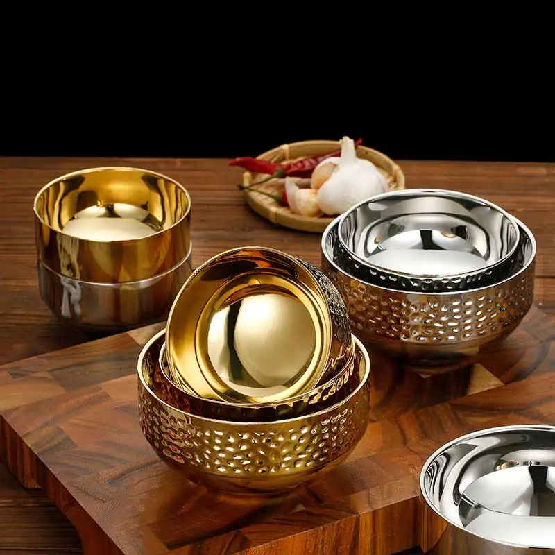 Custom Korean Style 304 Stainless Steel Double Wall Bowl Gold Heat Insulation Rice Soup For Hotel Restaurant Home