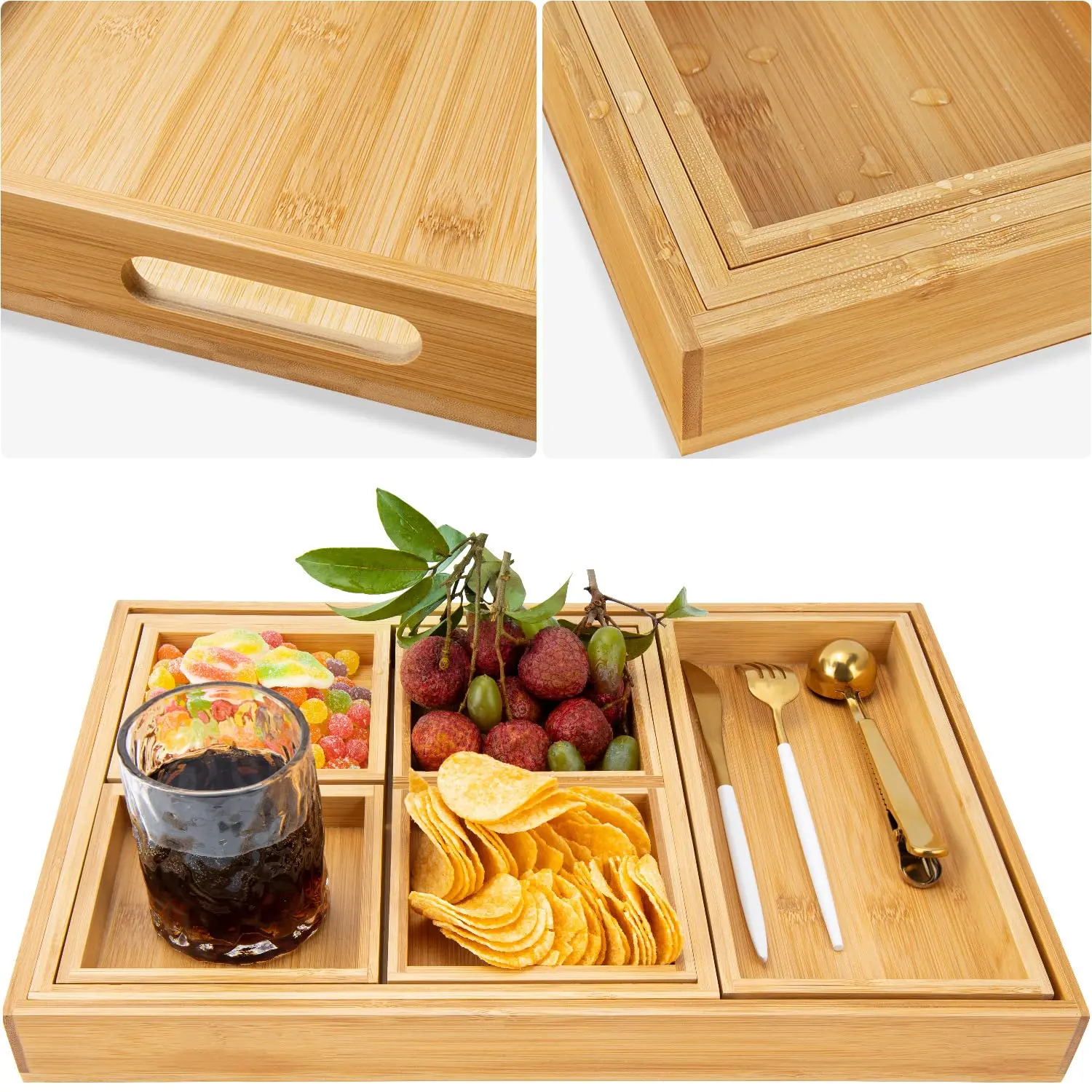 Bamboo Wooden Serving Trays with Handle - Set of 7 - Large, Medium, Small and Mini - Nesting Multipurpose Trays - for Breakfast,
