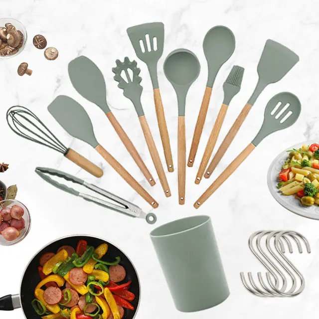
Home and Kitchen Accessories 13 pcs Kitchen Utensils,Wooden Handles Non Toxic Silicone Cooking Spatula Set 