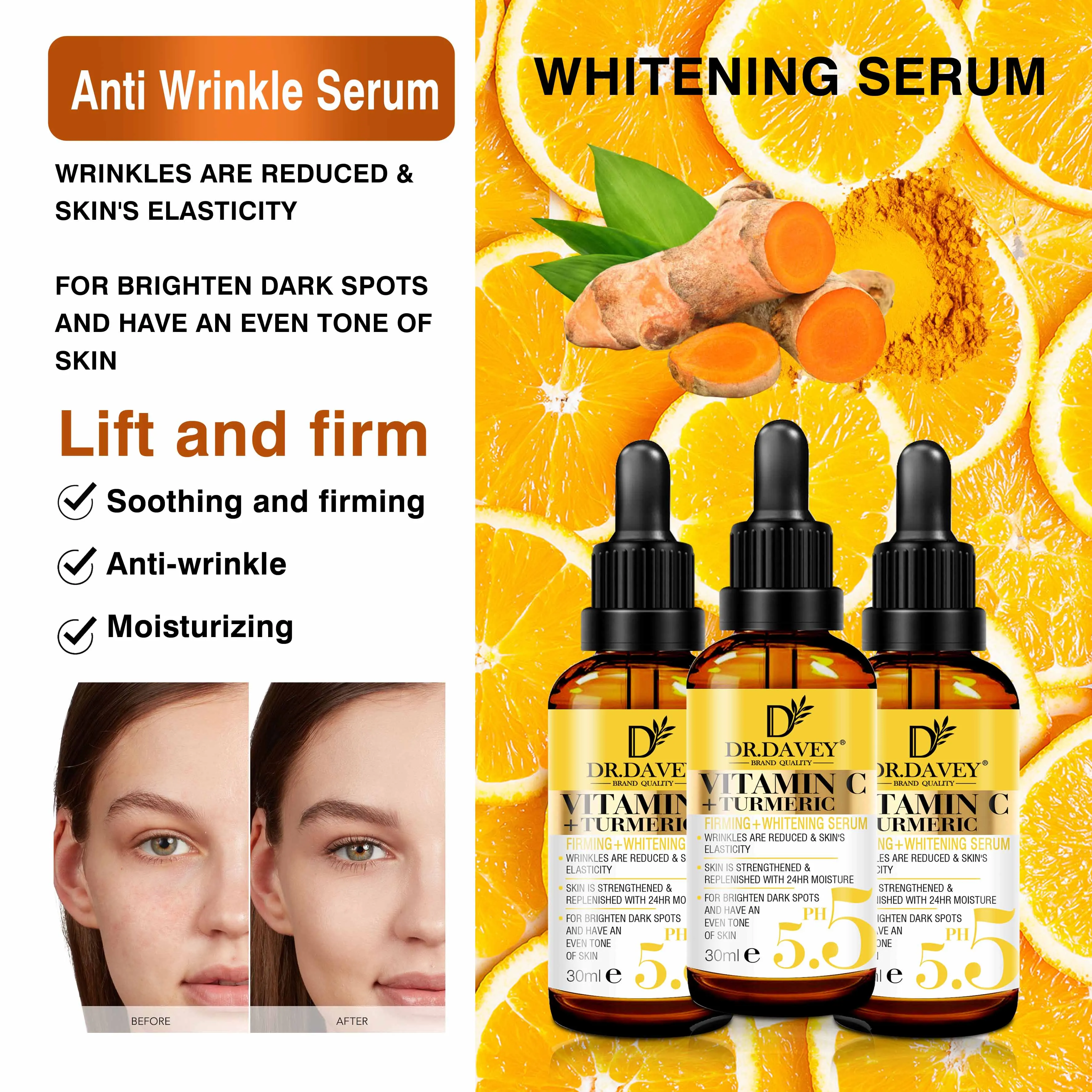 DR.DAVEY  Vitamin C+Turmeric  Serum  Anti Aging Anti Wrinkle Whitening Facial Moisturizing Serum 30ml