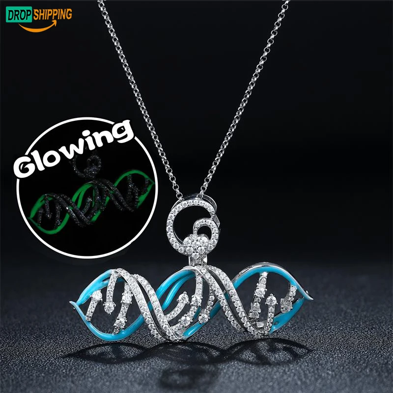 Dropshipping Glow In The Dark 925 Sterling Silver VVS Moissanite Diamond Iced Out DNA Model Nucleic Acid Pendant