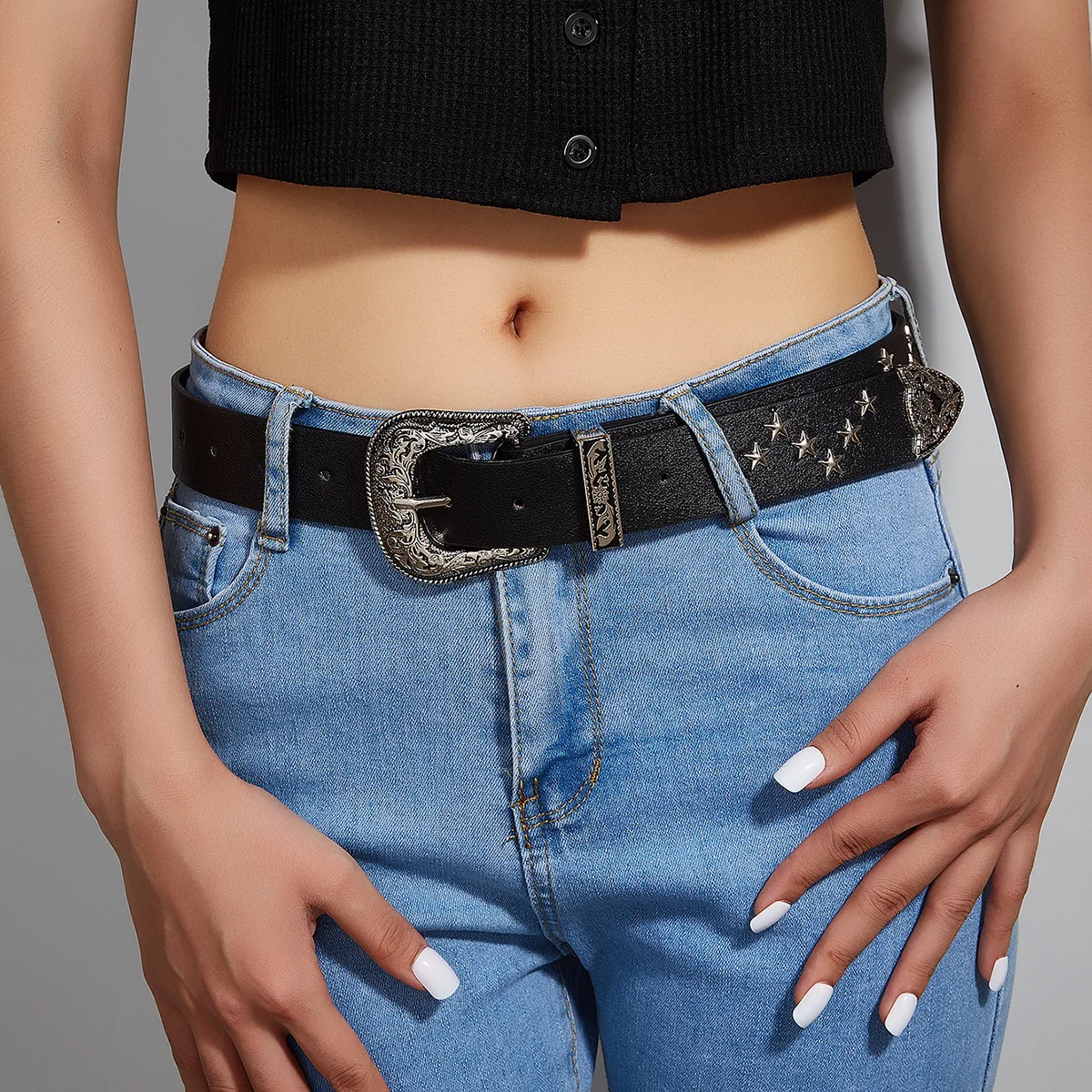 REWIN 2024 New Punk Rock Star Rivet Waist Belts 3.3cm Width PU Leather Belts for Women Jeans Pants
