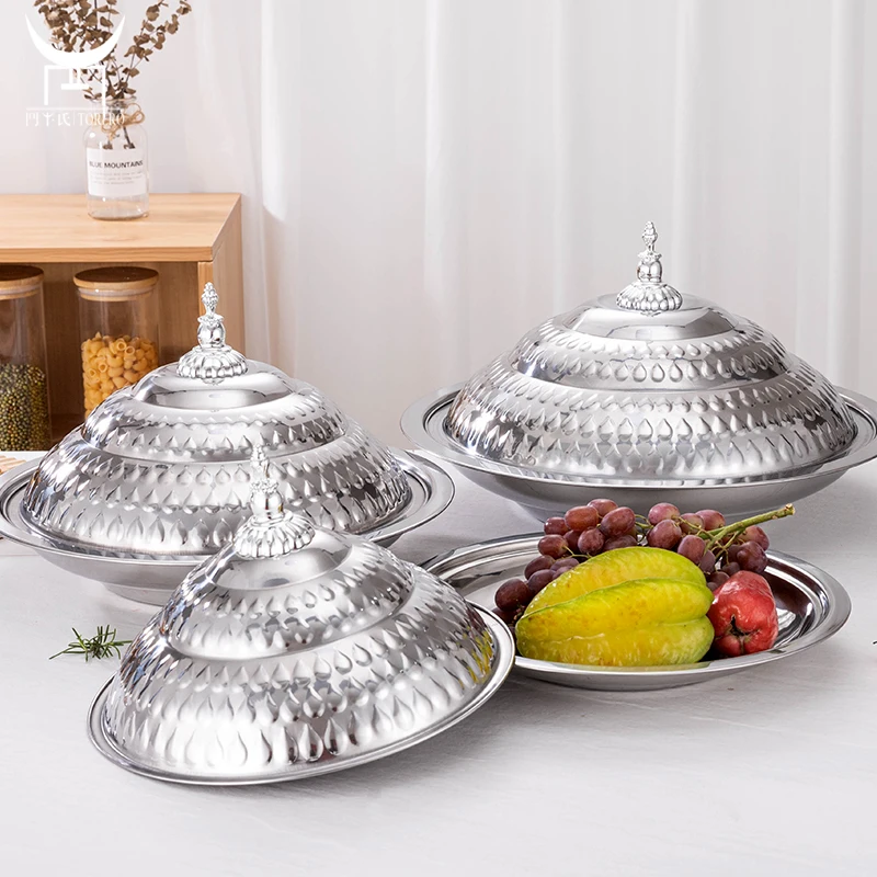 Gold Dinner Plate Hotel Buffet Plate Restaurant Tableware Banquet Food Plate Dish Stainless Steel Round Serving Tray With Lid