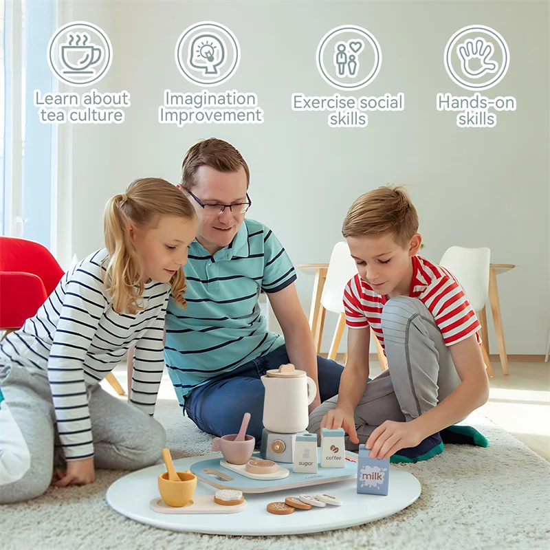 Wooden Afternoon Tea Set for 2-4 Years Pretend Play Kitchen Toy Educational Role-Play for Dessert Box Gift Packaging