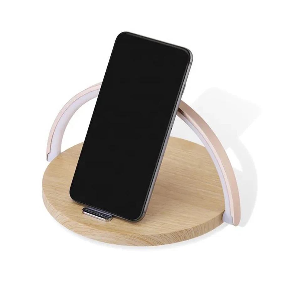 Hot Sell 3 In 1 Wood 10W Wireless Charger Stand Multifunctional Table LED Night Light USB Adjustable Phone Holder With LED Lamp