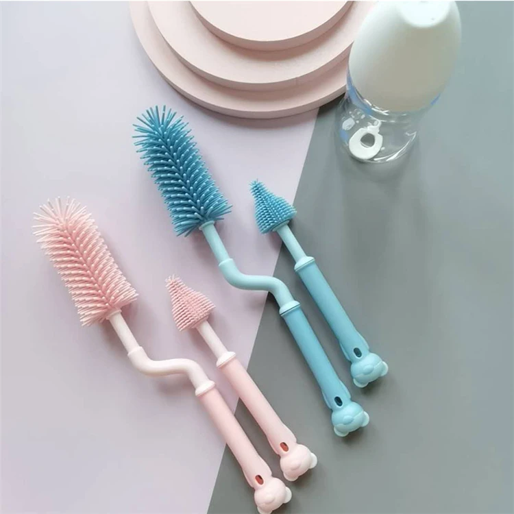 2pcs/set Baby Bottle Cleaner Brushes Silicone 360 Degree Rotation Long Handle Baby Milk Bottle Nipple Cup Clean Cleaning Brush
