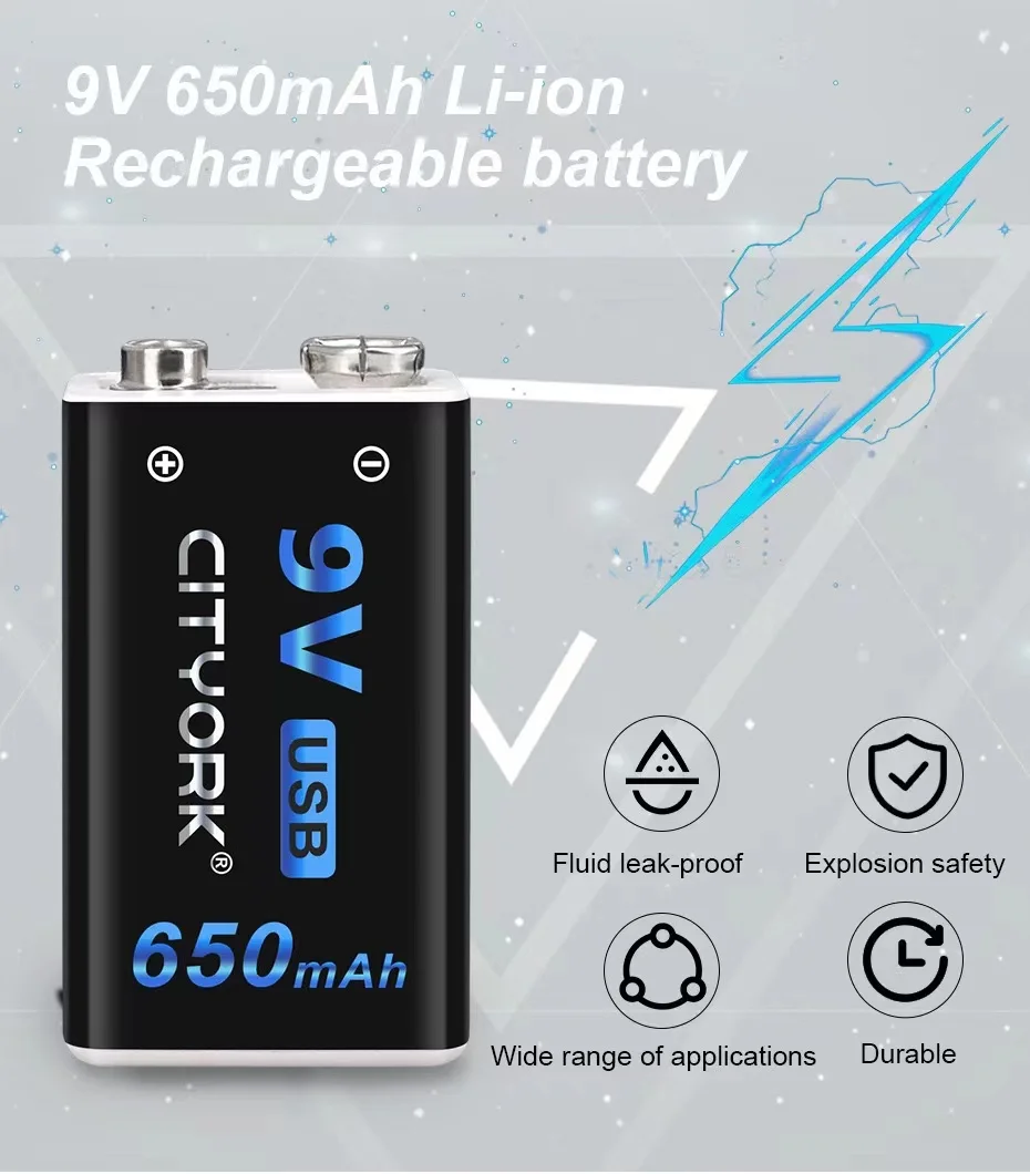 Cityork 1pcs mirco usb 9v lithium ion battery 650mah 6f22 9v rechargeable battery usb li ion battery 9v charge