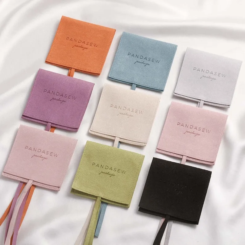 Custom Personalized Necklace Bracelet Ring Earring Package Suede Microfiber Envelope Sachets Ribbon Jewelry Pouch Bag With Logo