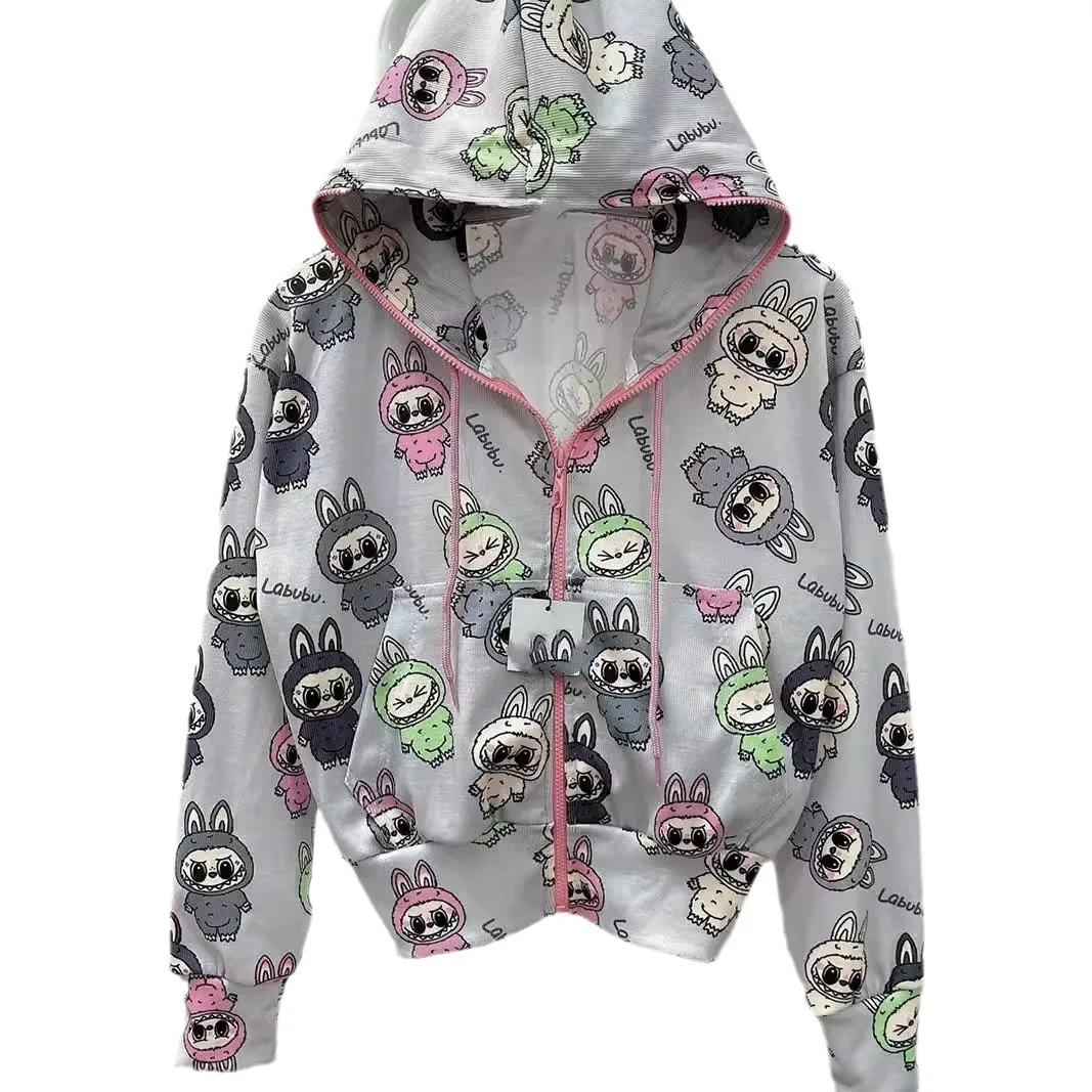 Aesthetic fashion Labubu graphic print cardigan zipper oversized hoodies women 2024 winter clothes versatile y2k sweatshirts