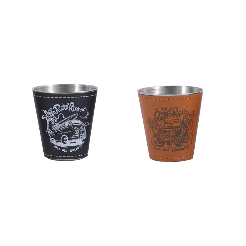 Stainless Steel Shot Cups Drinking Vessel With Brown Leather