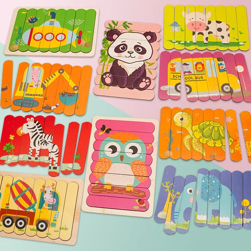 Lovely ice cream sticks puzzles animals and transportation educational strip jigsaw funny wooden bar puzzles