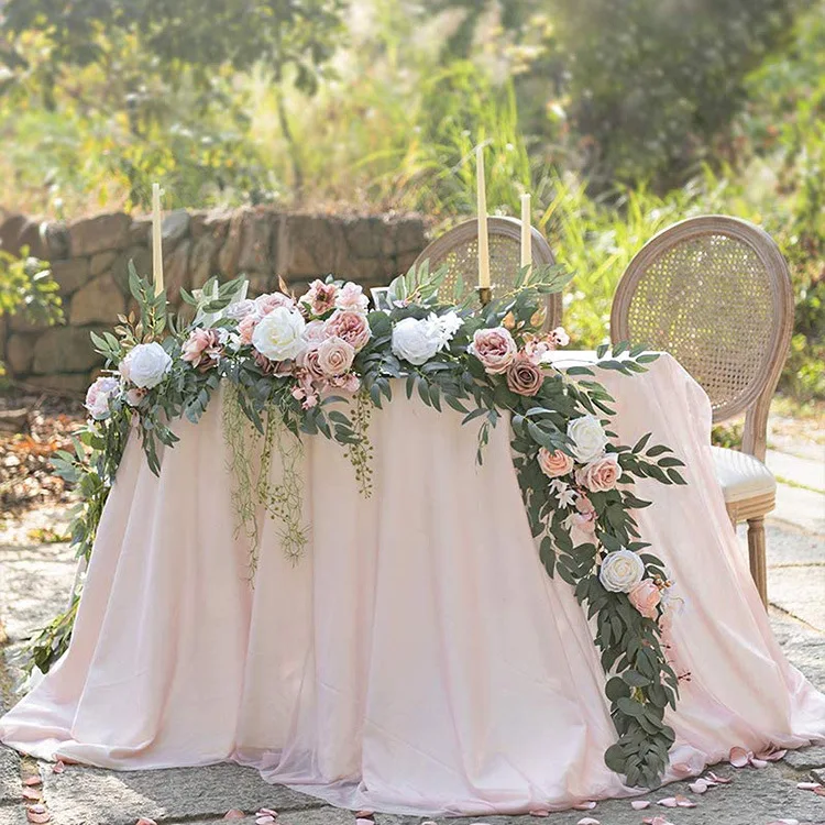 L-FG Wedding Floral Decor Greenery Eucalyptus Silk Flower Runners Artificial Rose Table Flower Garland for Wedding Table Decor