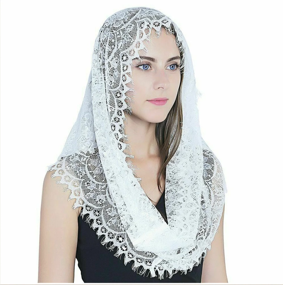 Hot Sale Summer White Yarn Bridal Shawl Muslim Women Wedding Veils Catholic Islamic Newlyweds Black Lace Veils For Hijab Ladies