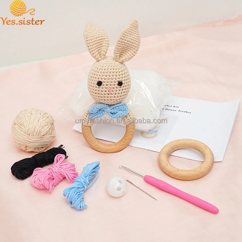 DIY Crochet Bunny Rattle Rabbit Baby Knitting Animal Toy New Mom Gift Crochet Baby Teething Ring