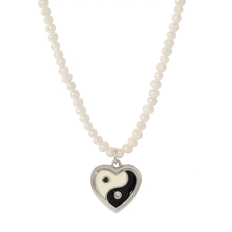 Gemnel enamel Yin Yang heart freshwater pearl 925 silver charms for necklaces
