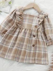 Full Sleeve Pleated Ruffle Princess Lovely Girls Dress Kids Frock Retro Style Children Fall Dress With Button