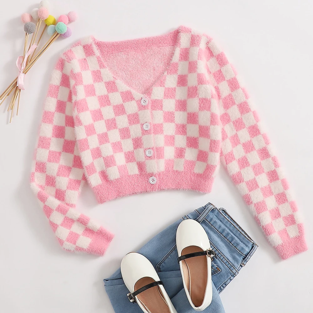 
OEM Girls Cute V-Neck Sweater Checked Button Up Pink Casual Cardigan 