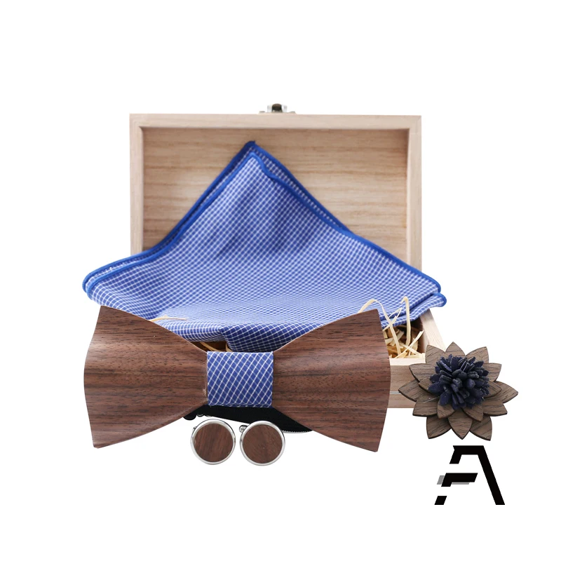 Mens Wood Bowtie Handkerchief Cufflinks Lapel Pin Set For Wedding