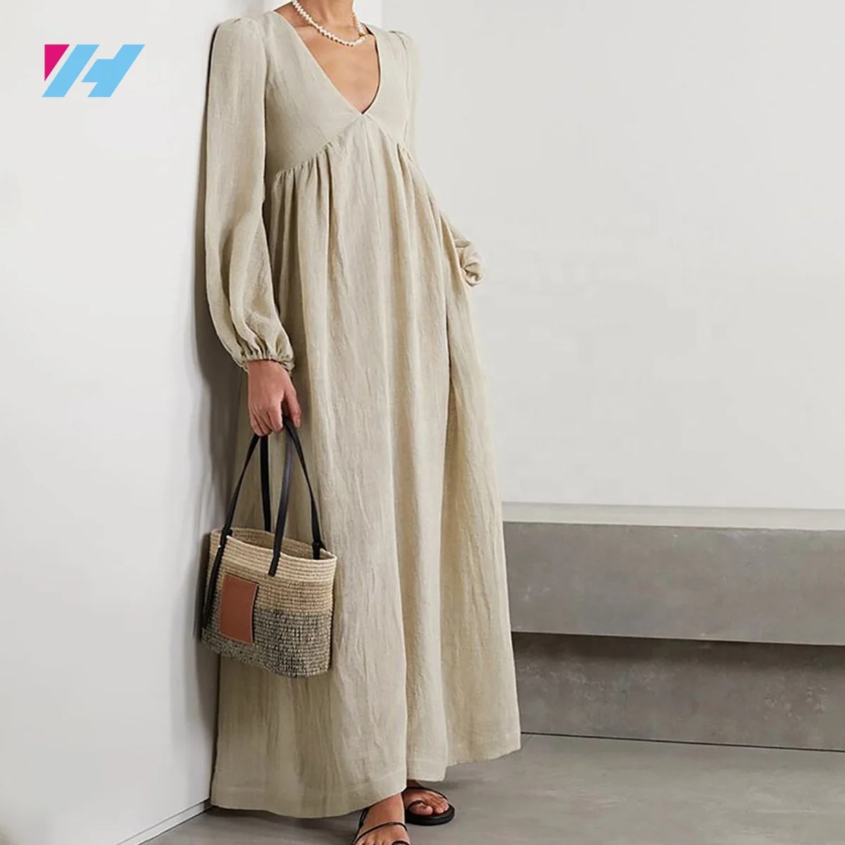Casual French Ladies Long Sleeve Summer Pure Boho Long Maxi 100% Linen Dresses For Women