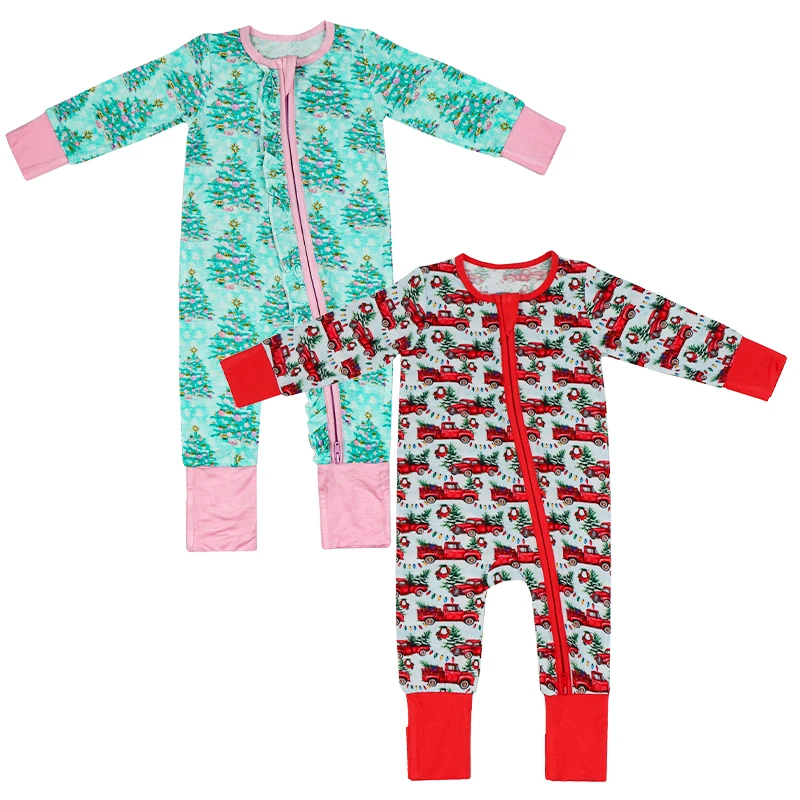 Organic christmas baby romper bamboo onesie newborn zipper sleepsuit custom jersey baby clothes sustainable baby lounge suit
