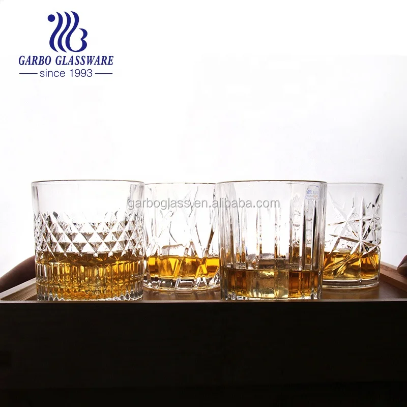 Wholesale Bar Drinkware Old Fashion 11oz Whisky Glass High Quality Engraved Pattern Glass Tumblers for Drinking Cognac