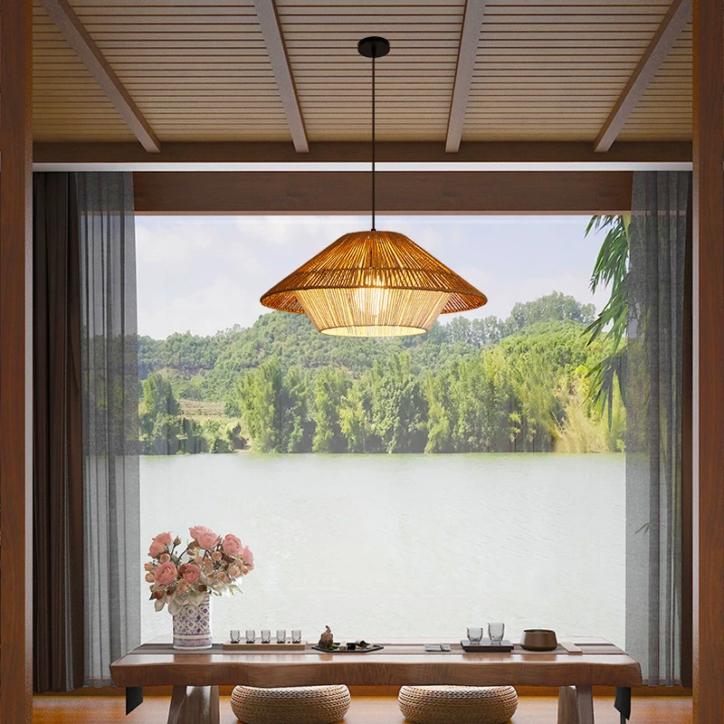 Handwoven Suspension Woven Shade Rattan Lamp For Home Hotel Restaurant Decoration