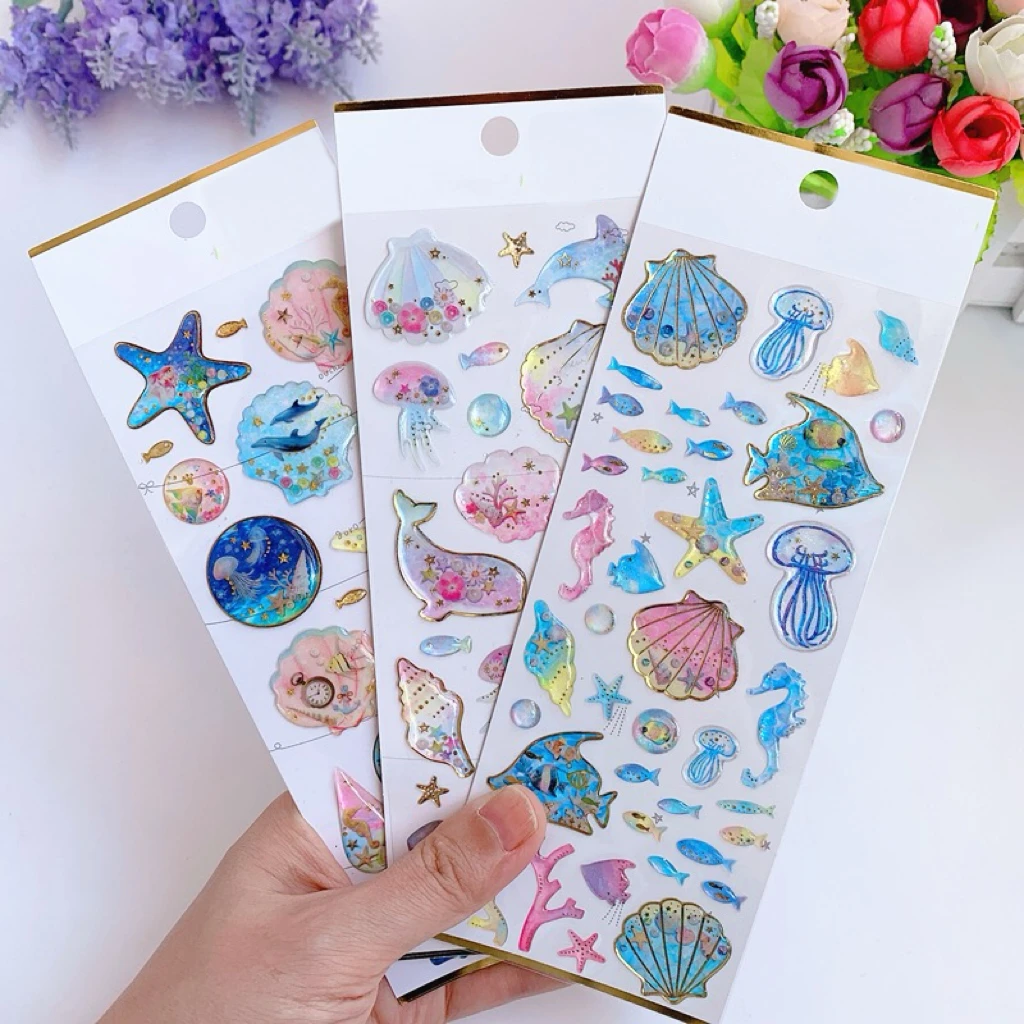 Crystal 3D Stickers Sea Creatures Small Fish Seashells Dolphins Whale Stickers Self adhesive Handbook Decorative Stickers