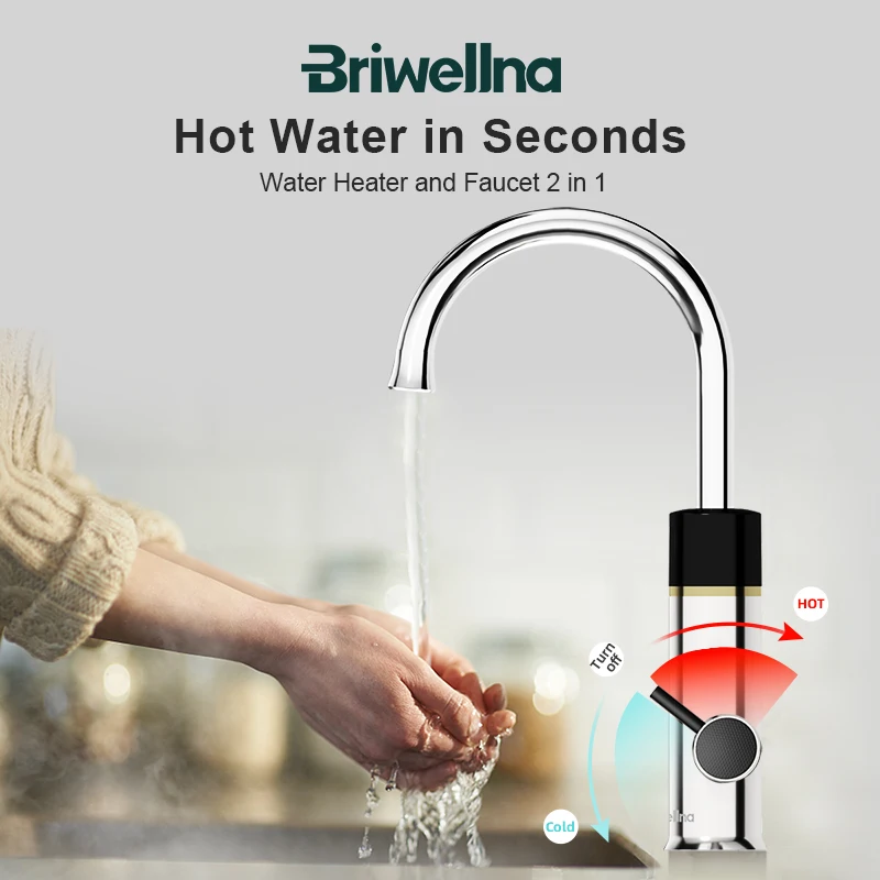 Briwellna Instant Hot Water Faucet 3.2kW Stainless Steel 304 Instant Water Heater Tap for Kitchen with Digital Display