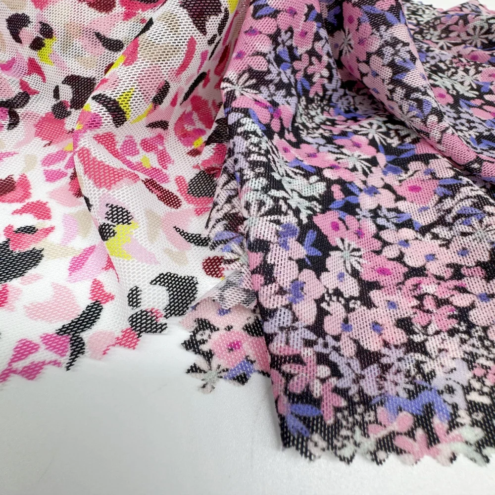 New Design Printed Power Net Mesh Fabric For Lingerie Polyester Elastic Fabric 4 Way Stretch Mesh Fabric