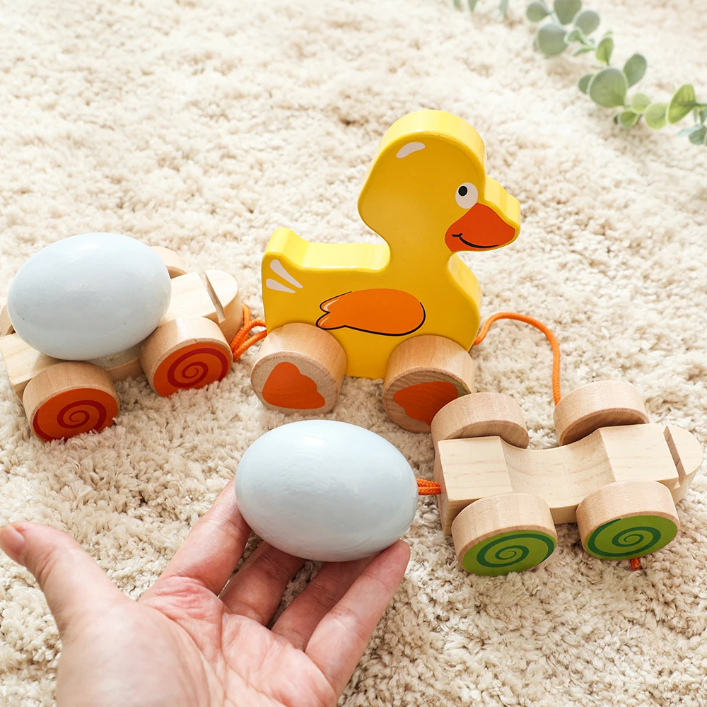 Baby Pull Along Pull String Duck String Line Hand Push Pull Rope Dragging Wooden Animal Cart Toy
