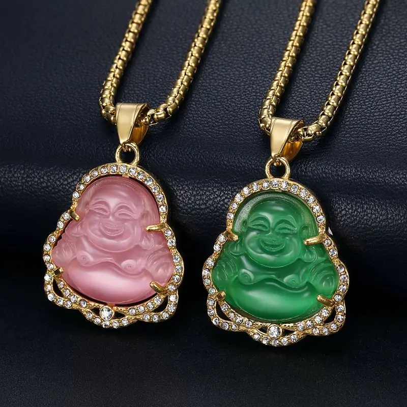 Crystal Laughing Religious Maitreya Carved Jade Buddha Pendant 18k Gold Plated Stainless Steel Buddha Necklace