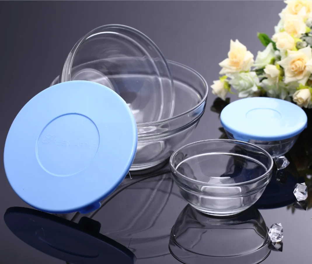 Hot Sale 5pcs Round Clear glass bowls Fruit Salad Food Kitchen Crystal Glass Bowl Cookware Set With Lid
