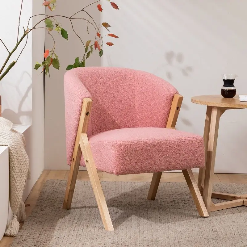 Wholesale Modern Living Room Furniture Lounge Chair KD Wooden Sofa Chair Lamb Wool Fabric White Upholatered Accent Chair