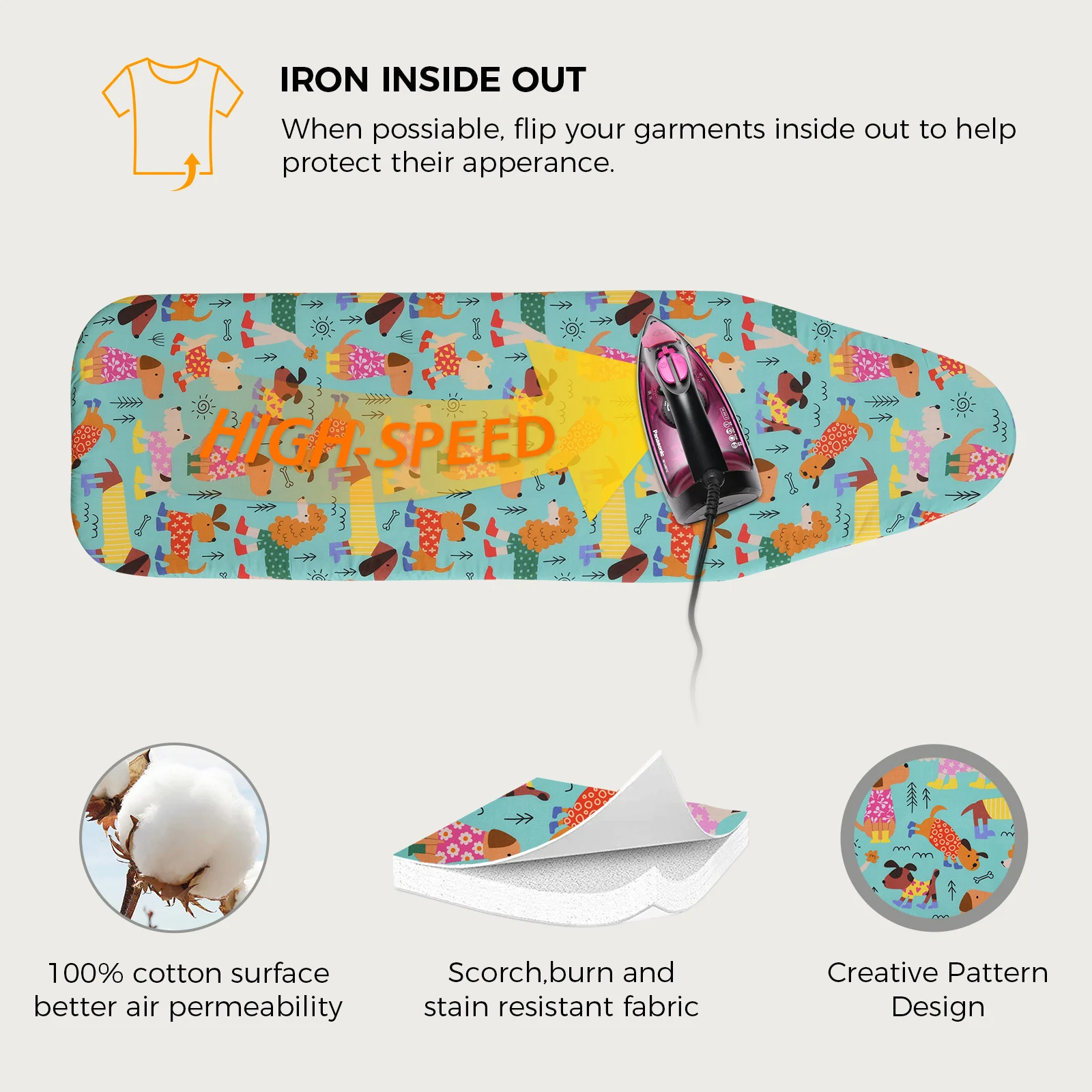High Quality Cotton Heat Resistance 250gsm 2-Layers 124*38 cm Lovely Dogs Ironing Board Cover With Elastic Edge