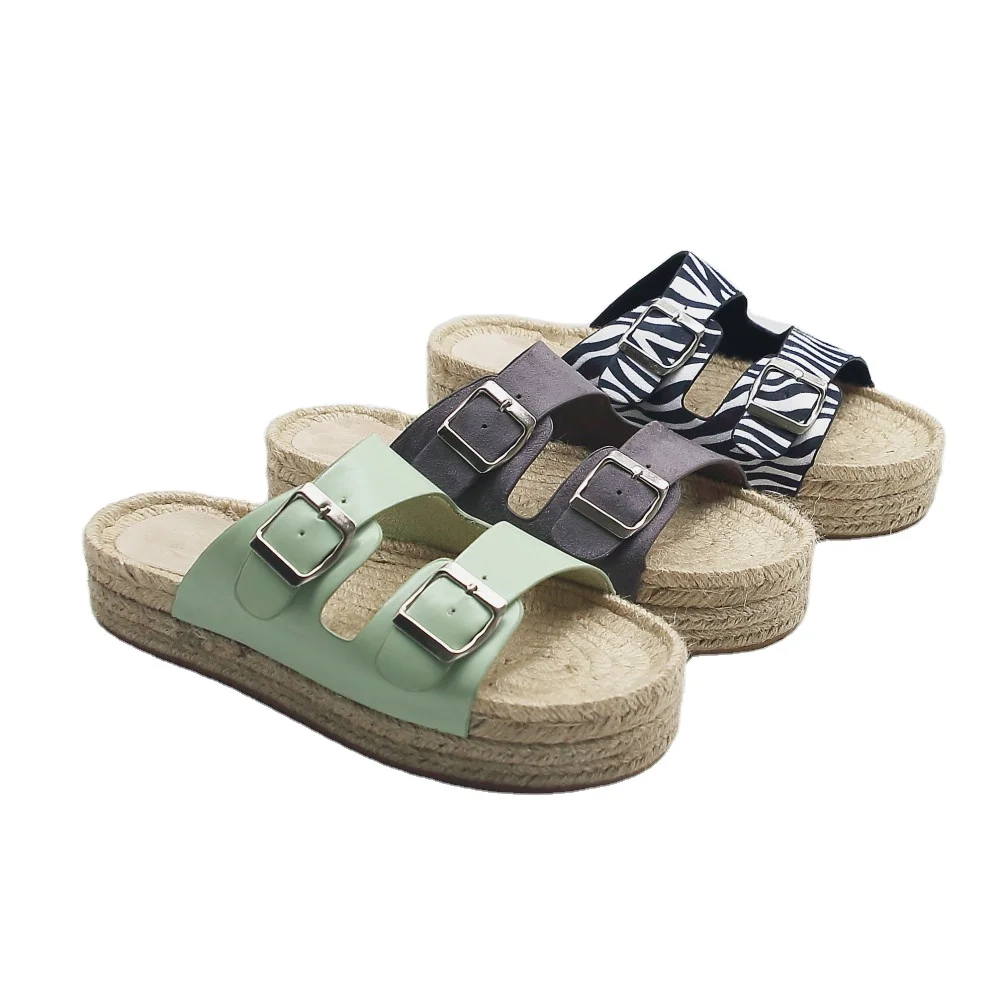 OEM & ODM ladies double straps slippers 2 cm  nature jute sole sandals casual summer espadrilles shoes for girls