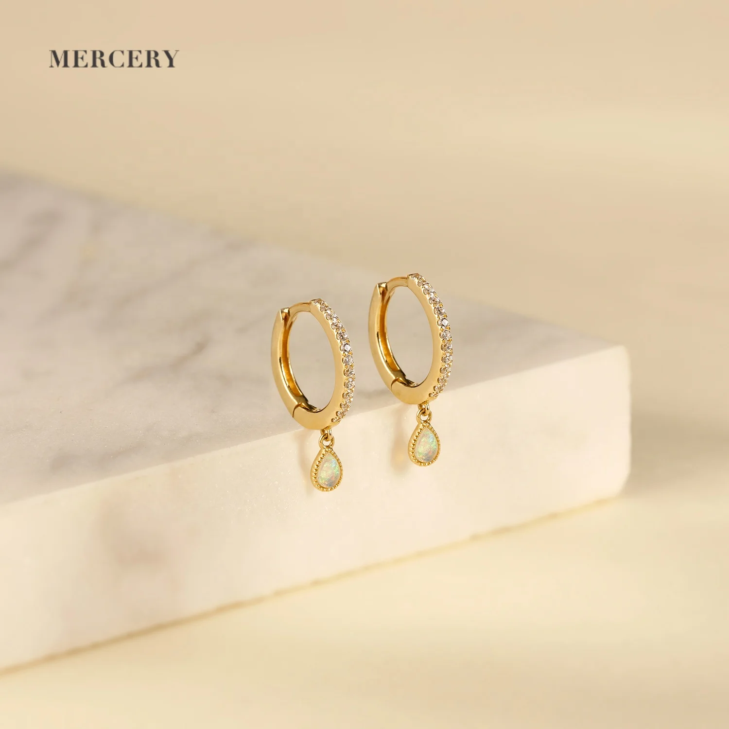 Mercery Charms Jewelry Dangle Earring GH-SI Diamond 14k Solid Gold Australian Opal Water Drop Huggie Earrings For Women