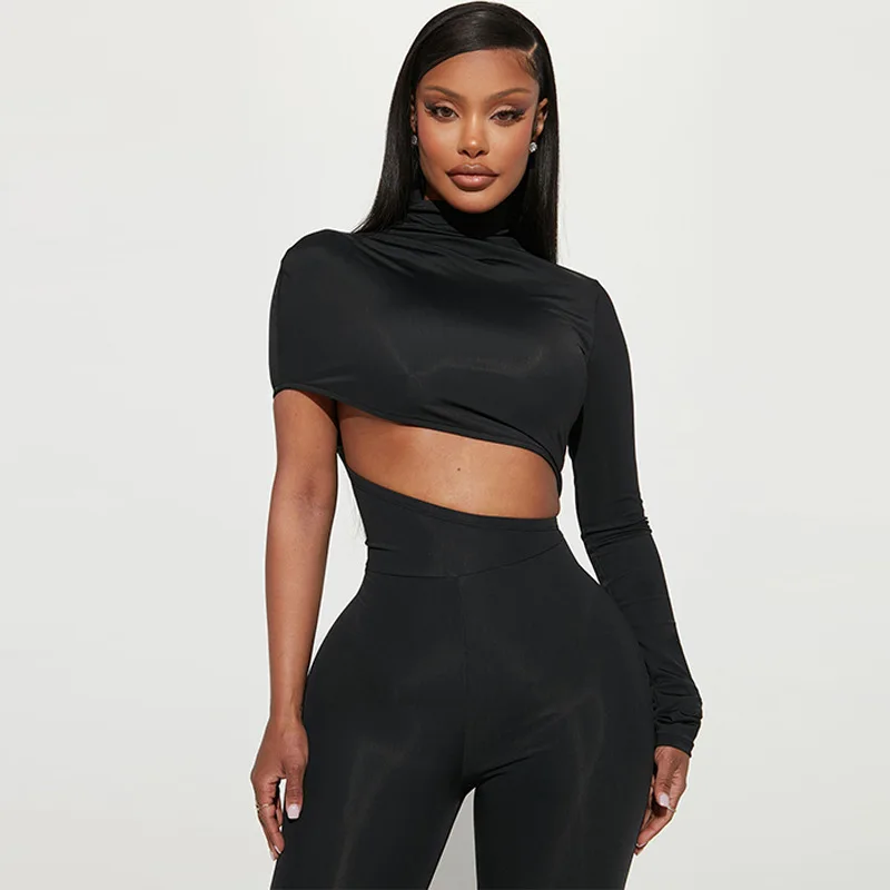 High-Quality Fashion Sexy Club Outfits Summer Solid Single Sleeve Cut Out One Piece Pants Bodycon Women Sexy Jumpsuit