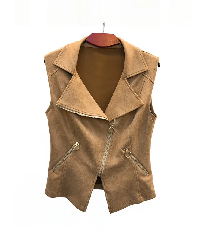 
Latest Design Cheap Autumn Winter Suede Button Zipper Woman Leather Waistcoat 
