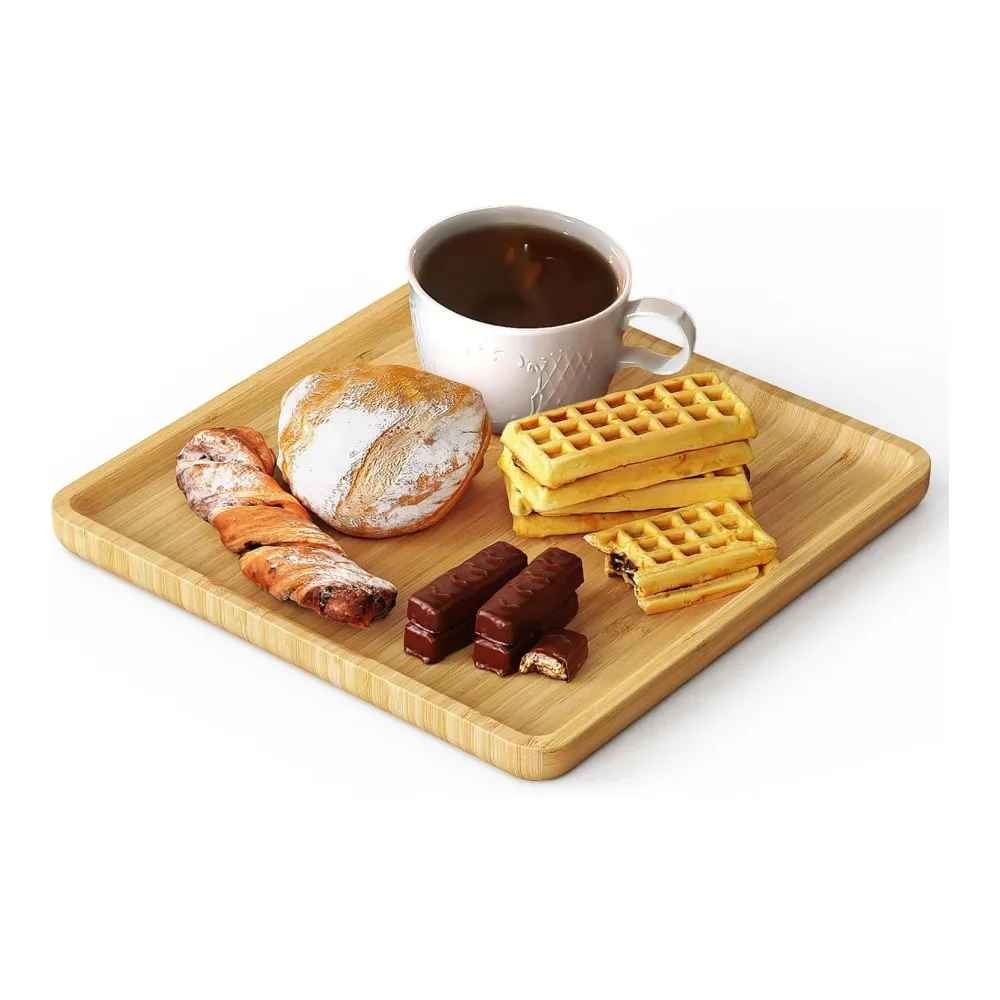 Bamboo Decorative Ottoman Coffee Table Serving Tray Wooden Drink Holder Platter for Kitchen Tea Wood Serving Tray with Handles